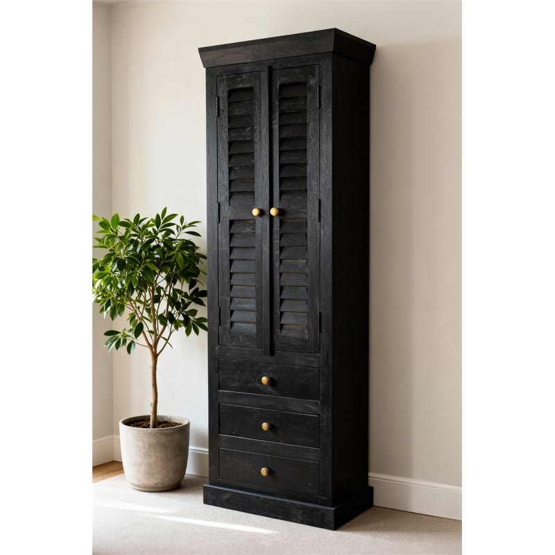 Jenna Louvered Doors Cabinet In Charcoal Finish on Solid Wood