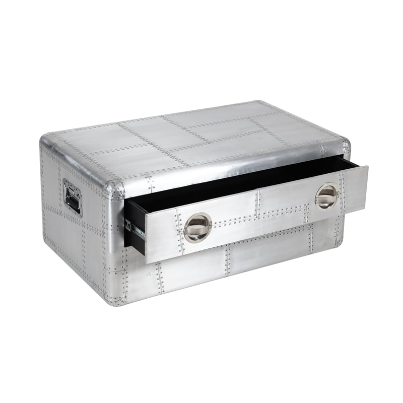 Pilot 1-Drawer Cocktail Table with Silver Aluminum Cladding and Exposed Screws
