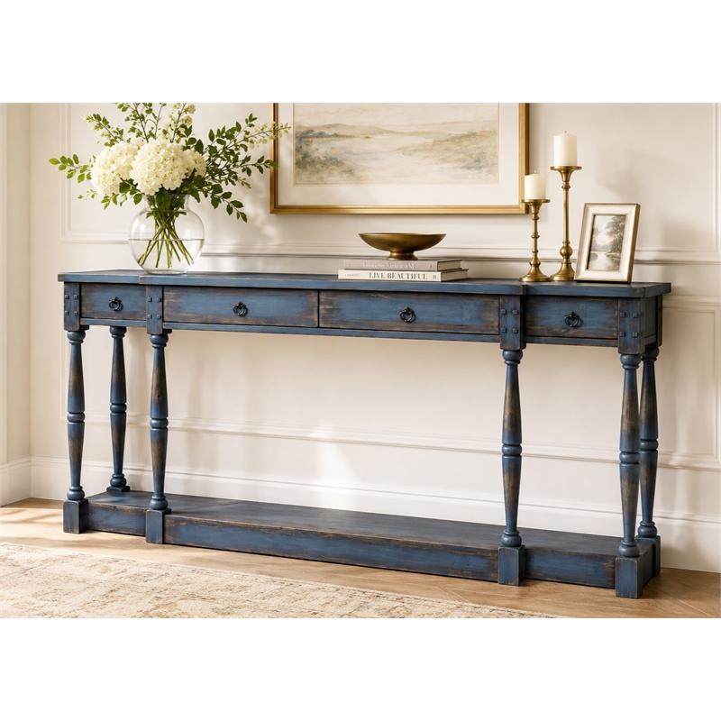 Ravine 4-Drawer Console Table in Faded Blue Finish on Solid Wood