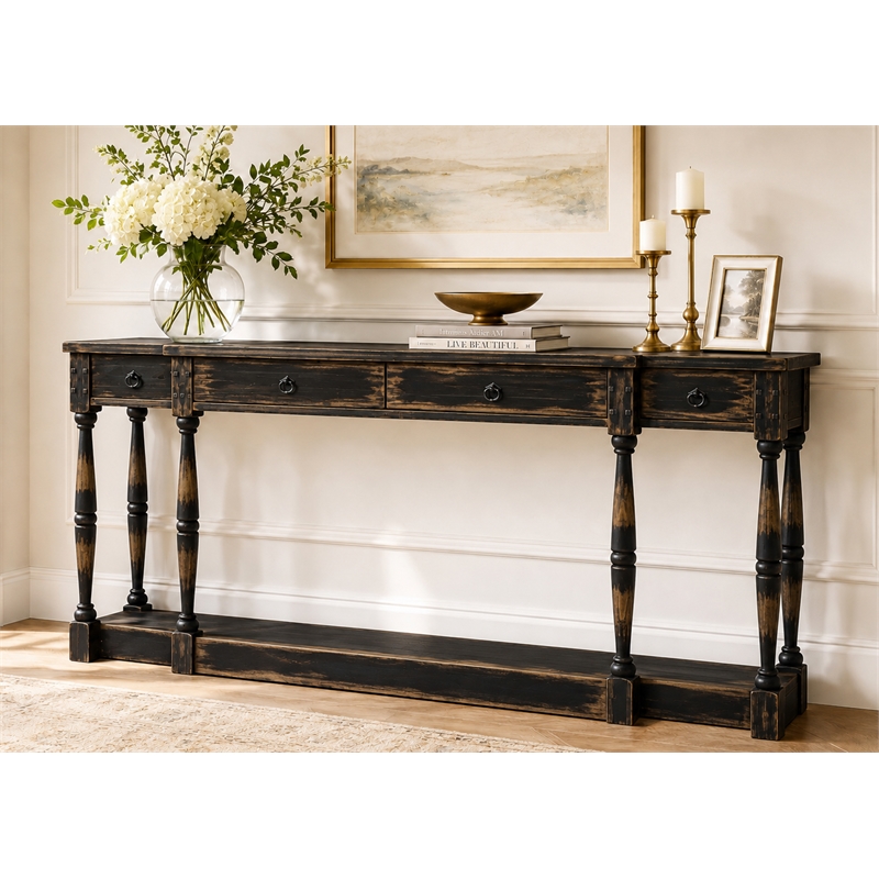 Ravine 4-Drawer Console Table in Deep Brown Finish on Solid Wood