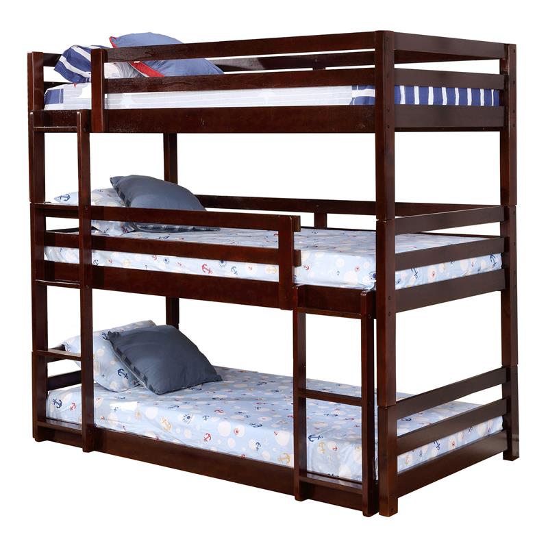 BEKids Traditional Solid Wood Twin Triple Bunk Bed in Java Brown
