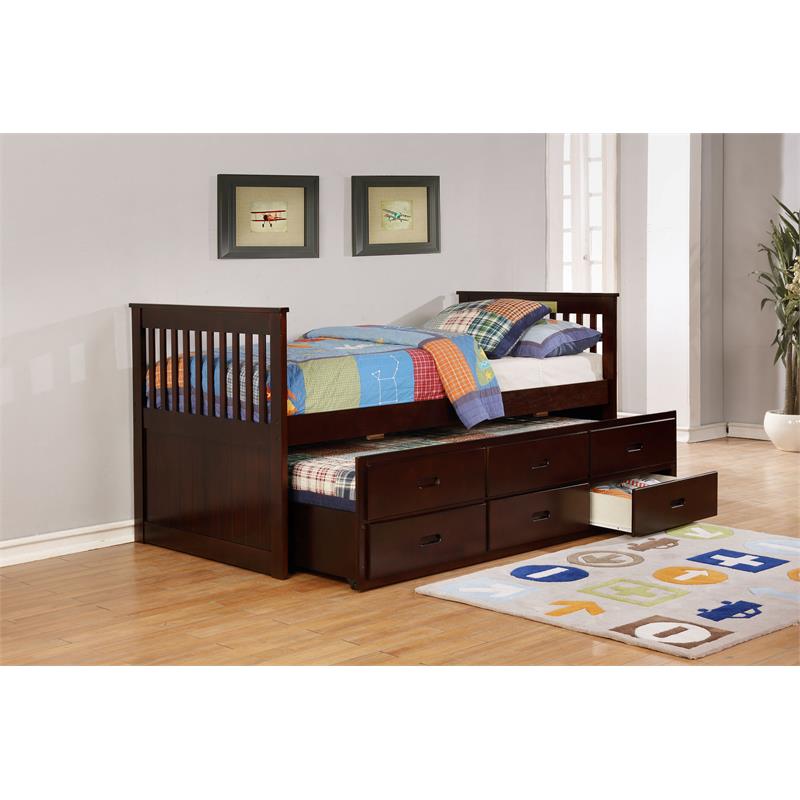 Solid Wood Twin Captain Bed with Twin Trundle and 3 Drawers in Java Brown
