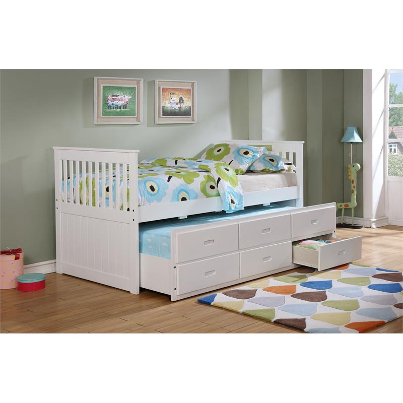Solid Wood Twin Captain Bed with Twin Trundle and 3 Drawers in White