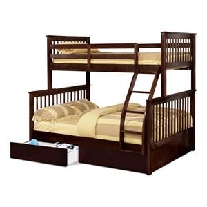 BEKids Traditional Wood Twin/Full Bunk Bed with 2 Drawers in Java Brown