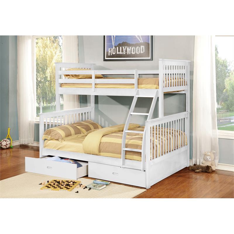 BEKids Traditional Wood Twin/Full Bunk Bed with 2 Drawers in White