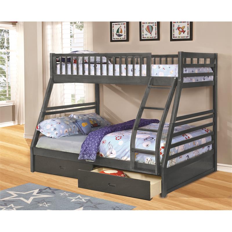 BEKids Traditional Solid Wood Twin/Full Bunk Bed with 2 Drawers in Gray