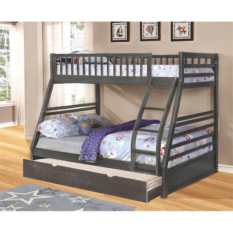 BEKids Solid Wood Twin/Full Bunk Bed with Matching Trundle in Gray