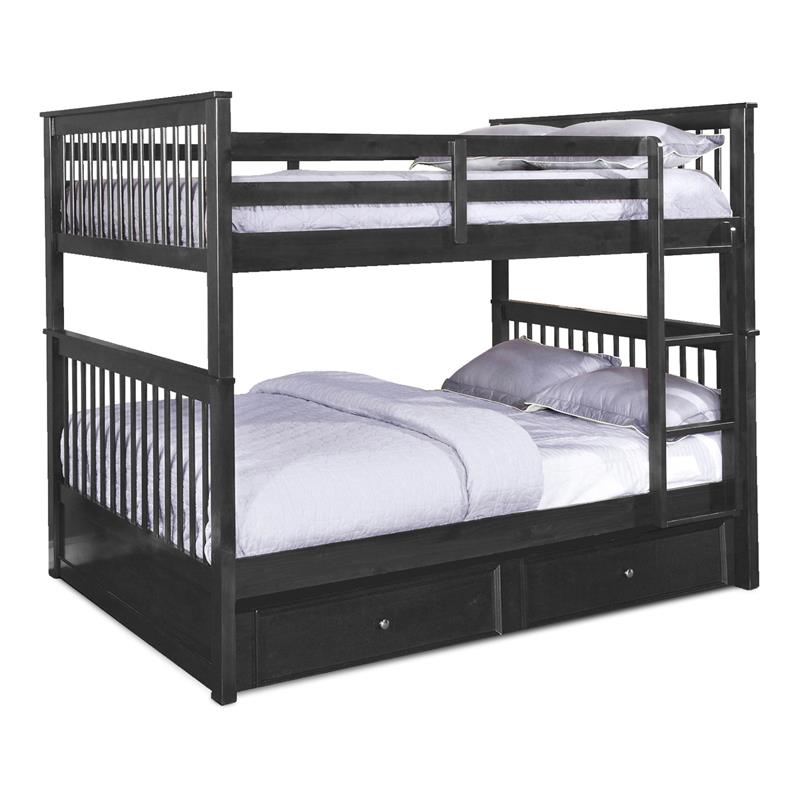 BEKids Solid Wood Full/Full Bunk Bed with Trundle/Storage in Charcoal