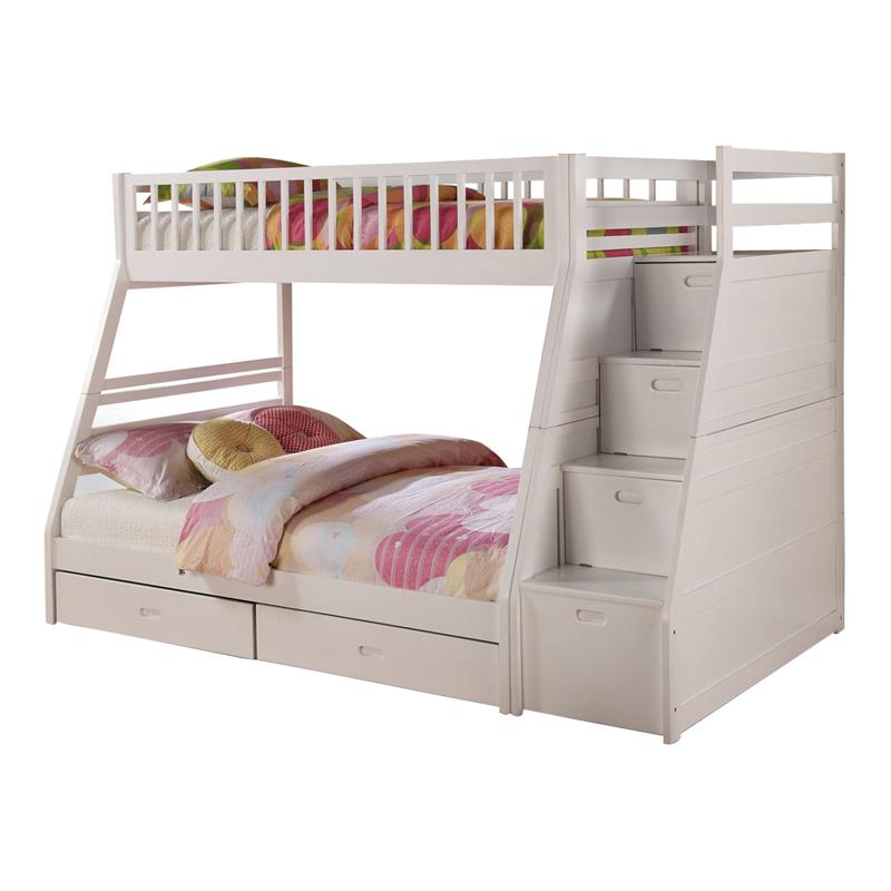 BEKids Solid Wood Twin/Full Staircase Bunk Bed with Storage in White