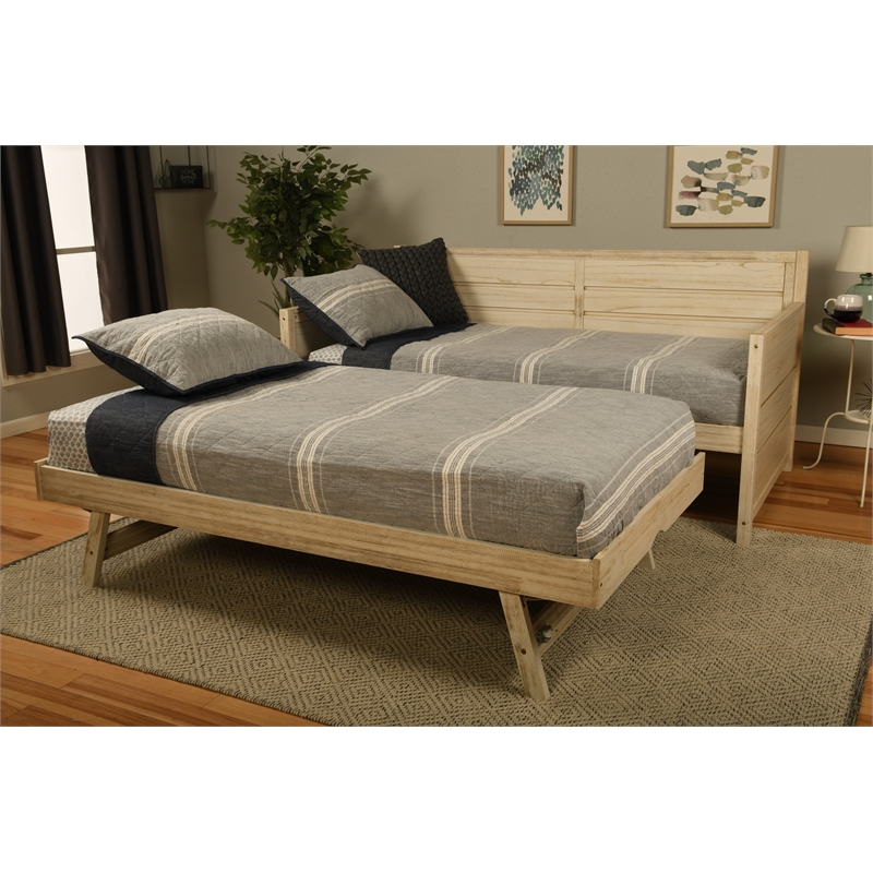 Kodiak Furniture Marisa Pop Up Wood Trundle Bed in Weathered White with Mattress