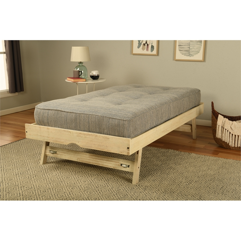 Kodiak Furniture Marisa Pop Up Wood Trundle Bed in Weathered White with Mattress