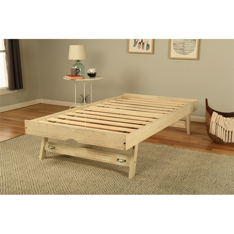 Kodiak Furniture Marisa Pop Up Wood Trundle Bed in Weathered White with Mattress