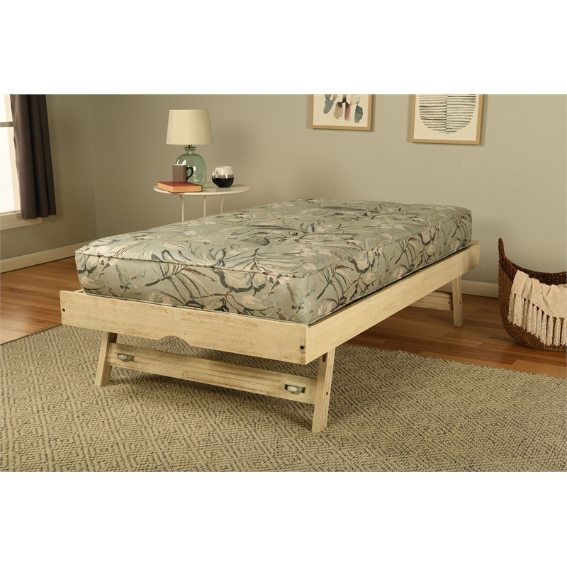 Kodiak Furniture Marisa Pop Up Wood Trundle Bed in Weathered White with Mattress