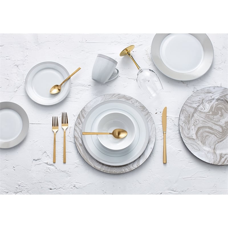 Safdie & Co. Porcelain Dinnerset 16 Piece Round Rim Taupe Dot