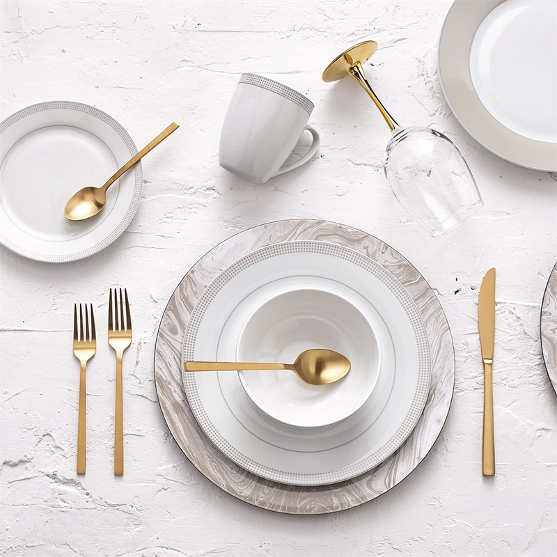 Safdie & Co. Porcelain Dinnerset 16 Piece Round Rim Taupe Dot