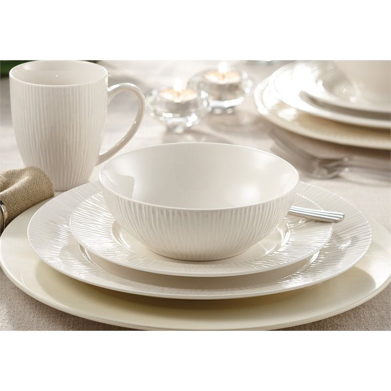 Safdie & Co. Porcelain Dinnerset 16 Piece Embossed Round Rim Pearl