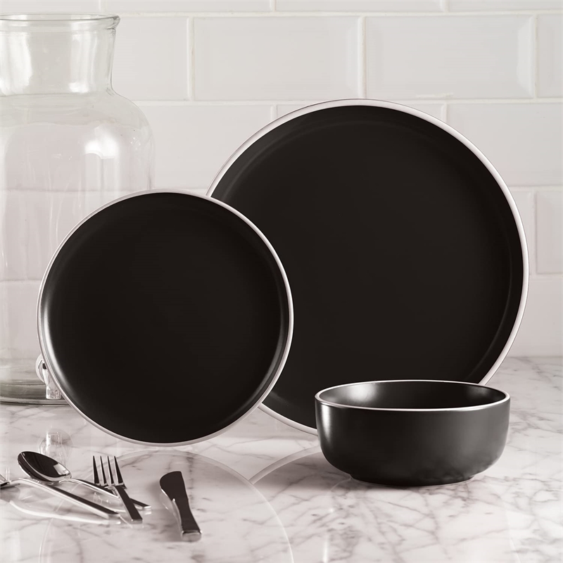 Safdie & Co. Stoneware Dinnerset 12 Piece 2-Tone Cylinder Matte Black
