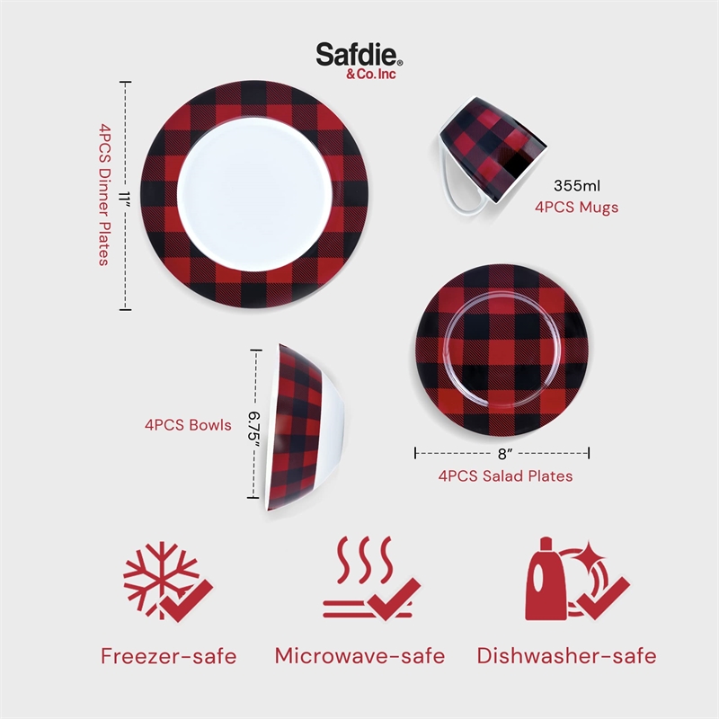 Safdie & Co. Porcelain Dinnerset 16 Piece Buffalo Plaid Red/Black