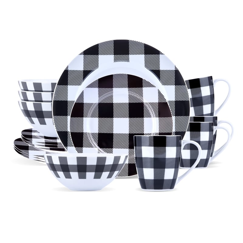 Safdie & Co. Porcelain Dinnerset 16 Piece Buffalo Plaid White/Black