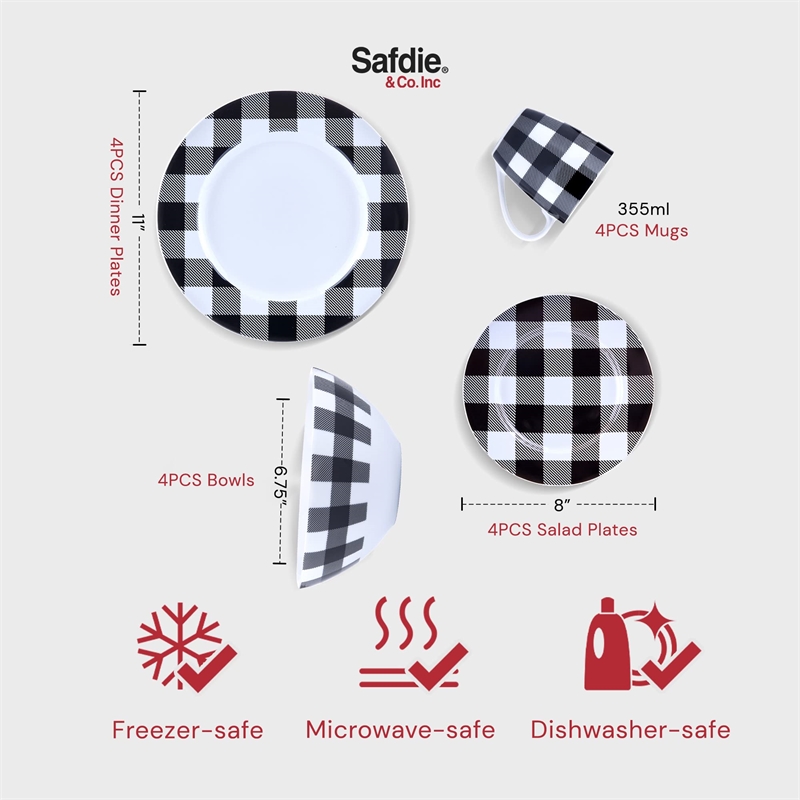 Safdie & Co. Porcelain Dinnerset 16 Piece Buffalo Plaid White/Black