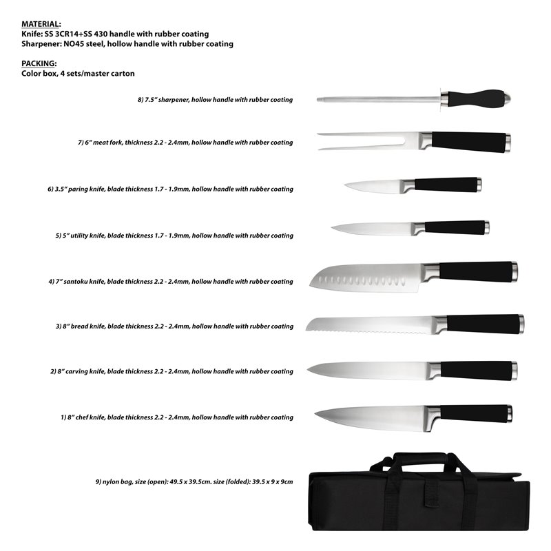 Safdie & Co. Chef Knife 9 Piece Set In Carry Bag