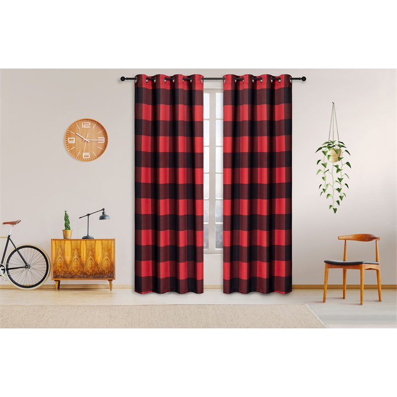Safdie & Co. Curtain Room Darkening in Red/Black Check (Set of 2)