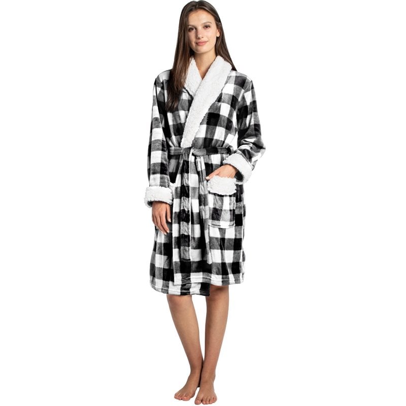 Safdie & Co. Polyester Bath Robe Sherpa Trim S/M White and Black Buffalo