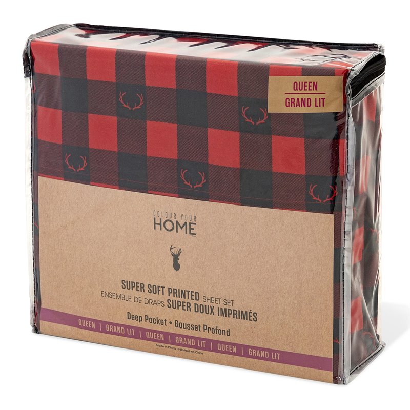 Safdie & Co. 4-piece Polyester Buffalo Plaid Deer King Sheet Set in Red