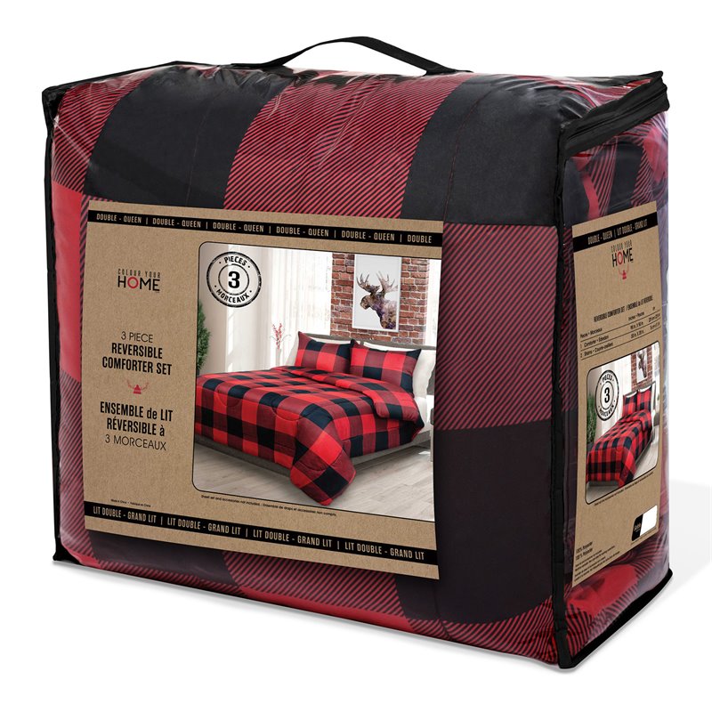 Safdie & Co. 3-piece Polyester Buffalo Plaid Double Queen Comforter Set in Black