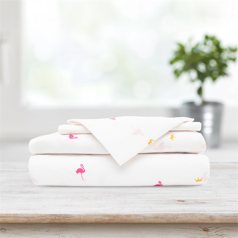 Safdie & Co. 4-piece Modern Polyester Flamingo Double Sheet Set in White