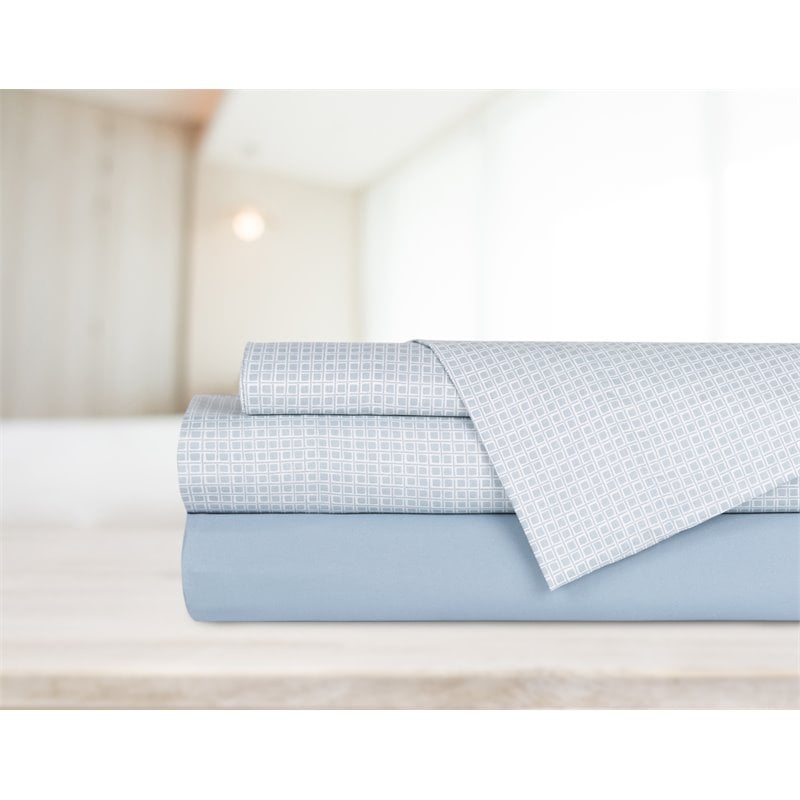 Safdie & Co. 4-piece Modern Polyester King Sheet Set in Printed and Solid Blue