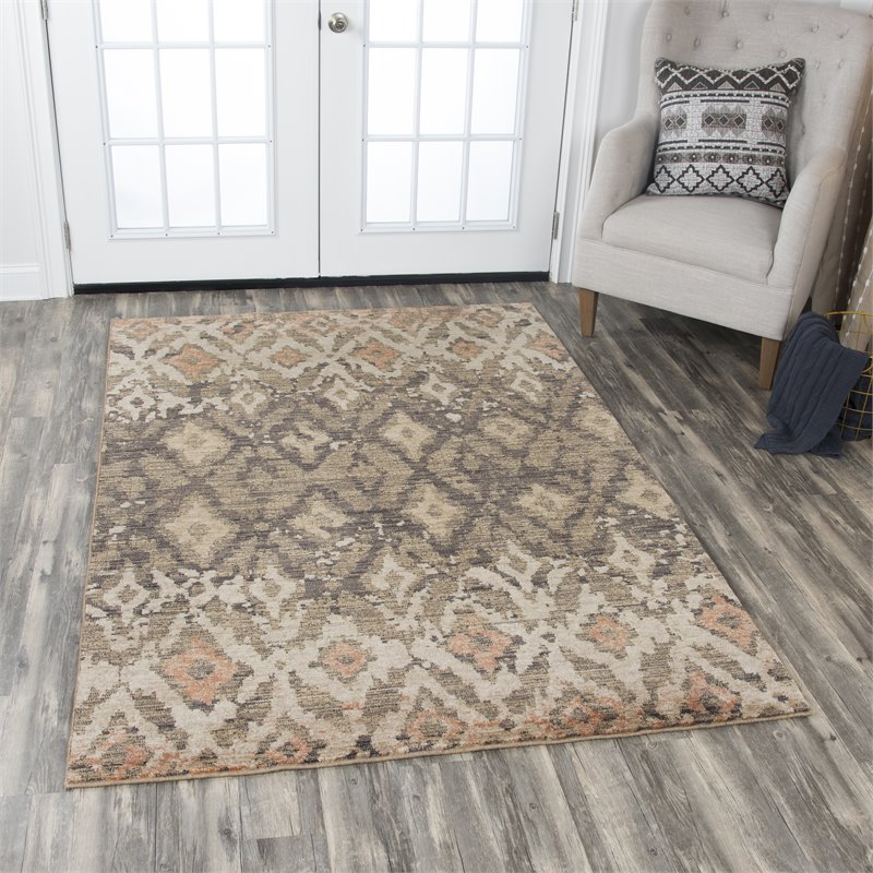 Alora Decor Euphoria 5' x 8' iKat/Geometric Brown/Gray/Rust/Blue Hybrid Area Rug