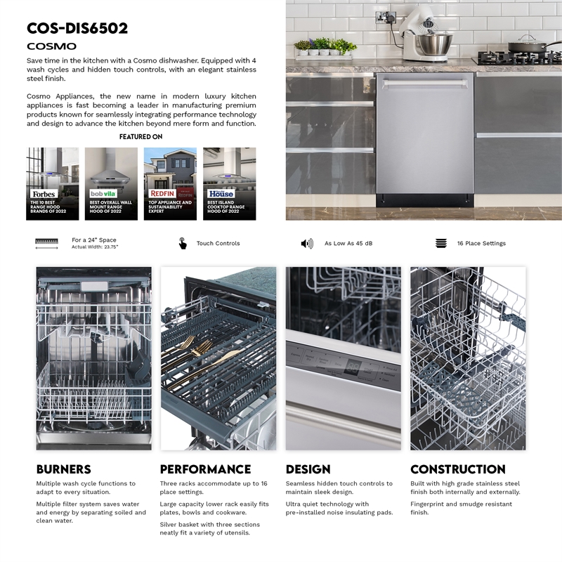 Cosmo COS-DIS6502 24 in. Stainless Steel Top Control Tall Built-In Dishwasher