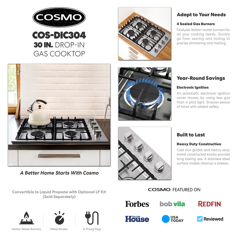 30 in. Gas Cooktop in Stainless Steel with 4 Italian Made Burners