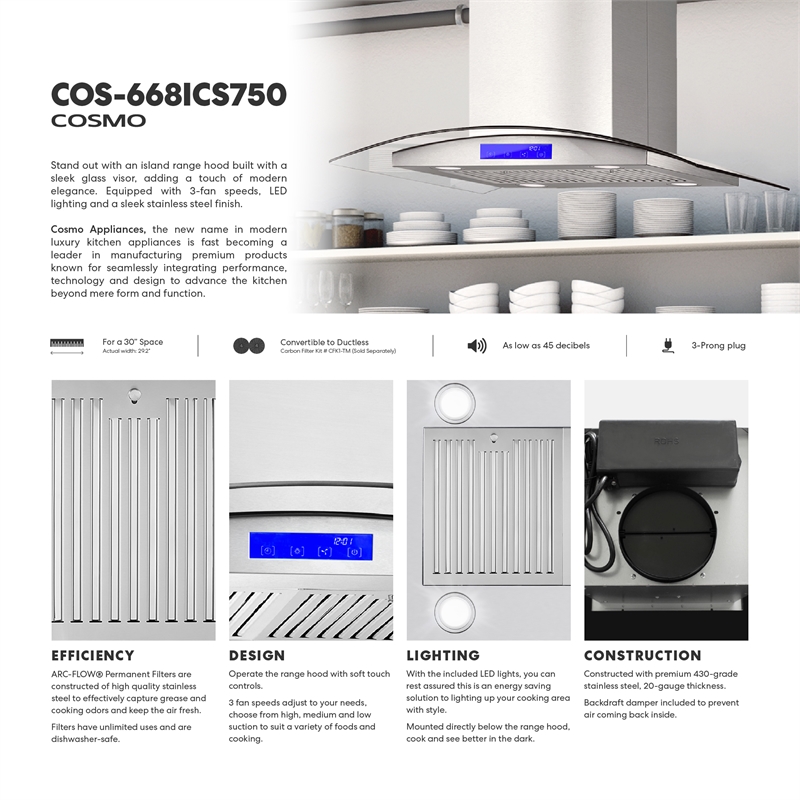30 in. Lumin Collection Ducted Island Range Hood in Stainless Steel