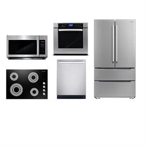 Cosmo 30&quot Cooktop & Microwave w/ Vent Fan & Wall Oven & Dishwasher & Fridge Set