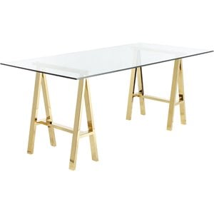 Pangea Home Brady Metal Desk with Glass in Polished Gold