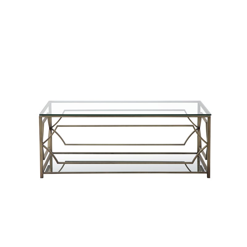 Pangea Home Edward Metal Rectangle Coffee Table with Glass in Brushed Brass