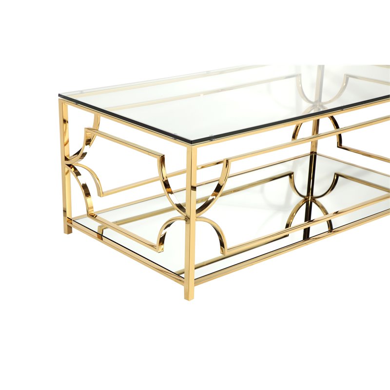 Pangea Home Edward Metal Rectangle Coffee Table with Glass in Polished Gold