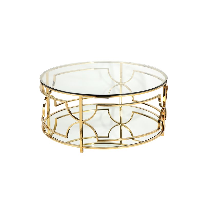Pangea Home Edward Metal Round Coffee Table with Glass in Polished Gold