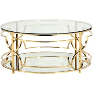 Pangea Home Edward Metal Round Coffee Table with Glass in Polished Gold