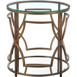 Pangea Home Edward Metal Round Side Table with Glass in Brushed Brass