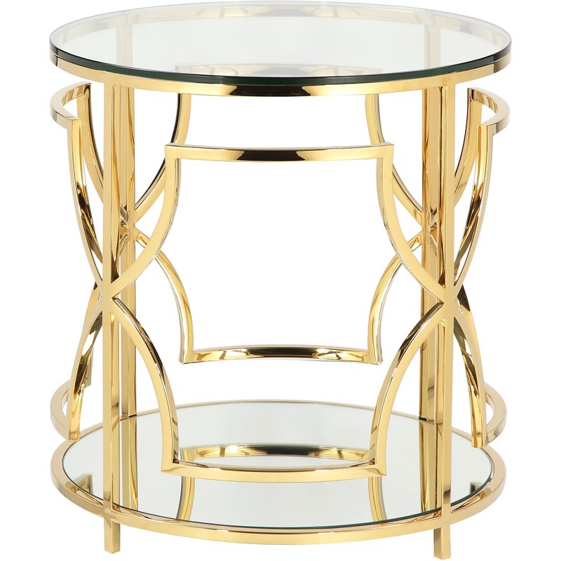 Pangea Home Edward Metal Round Side Table with Glass in Polished Gold