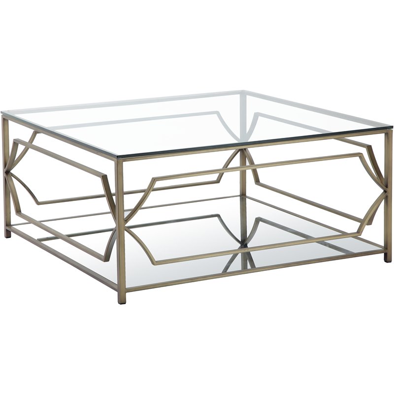 Pangea Home Edward Metal Square Coffee Table with Glass in Brushed Brass