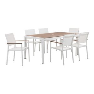 Pangea Home David Aluminum Frame Patio Dining Set in White/Natural Teak