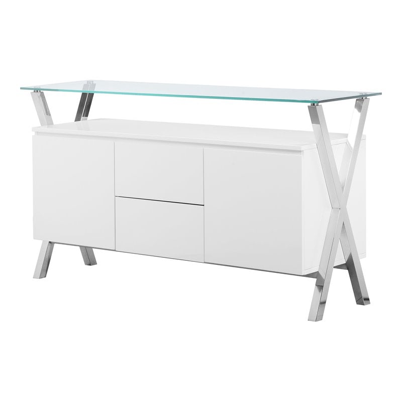 Pangea Home Beverly Modern Wood Veneer & High Polished Steel Buffet in White