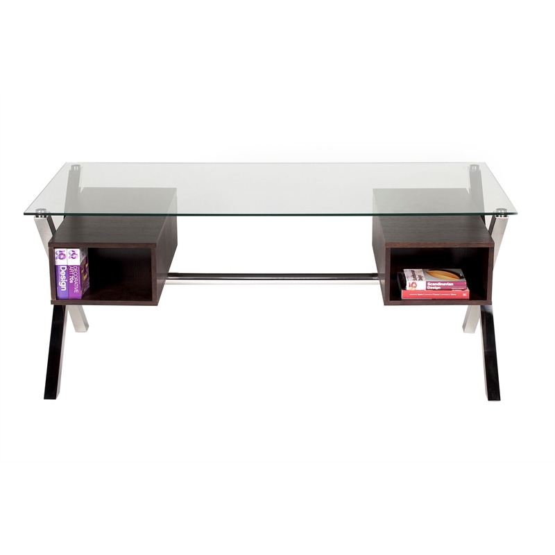 Pangea Home Beverly Large Modern Tempered Glass & Wood Veneer Desk in Espresso