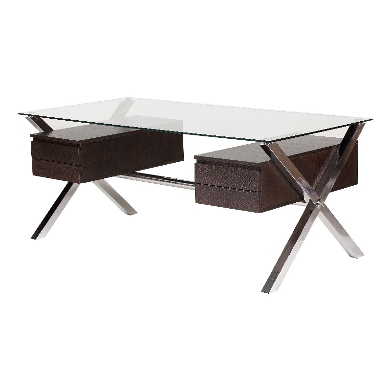 Pangea Home Beverly Large Modern Tempered Glass & Wood Veneer Desk in Espresso