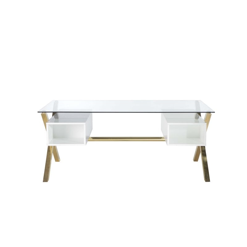 Pangea Home Beverly Large Glass & Polished Steel Desk in Gold/White and Clear