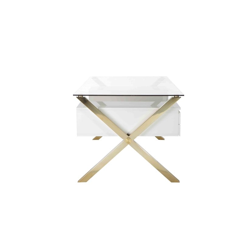 Pangea Home Beverly Large Glass & Polished Steel Desk in Gold/White and Clear